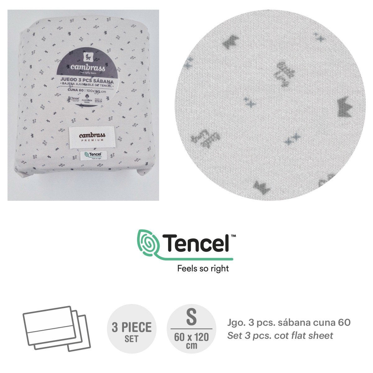 En Casa Cambrass Tríptico Sábana Cuna Punto 120X60 Cm / Bajera Tencel gris para bebe