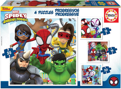 Construcciones Y Puzzles Educa 4 Puzzles Progresivos 12-16-20-25 Piezas Marvel Spidey & Friends multicolor para niños